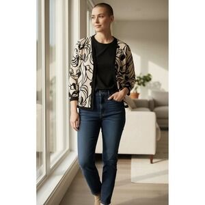 Ann Taylor Petites Women's XSP Cream Black Floral Cardigan Sweater Silk Cotton